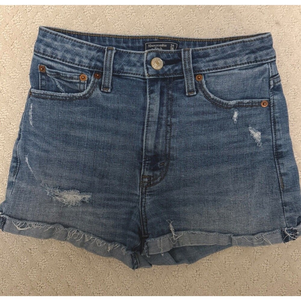 Abercrombie & Fitch Cuffed Jean Shorts High Rise 00/24 Blue Denim 5-Pockets